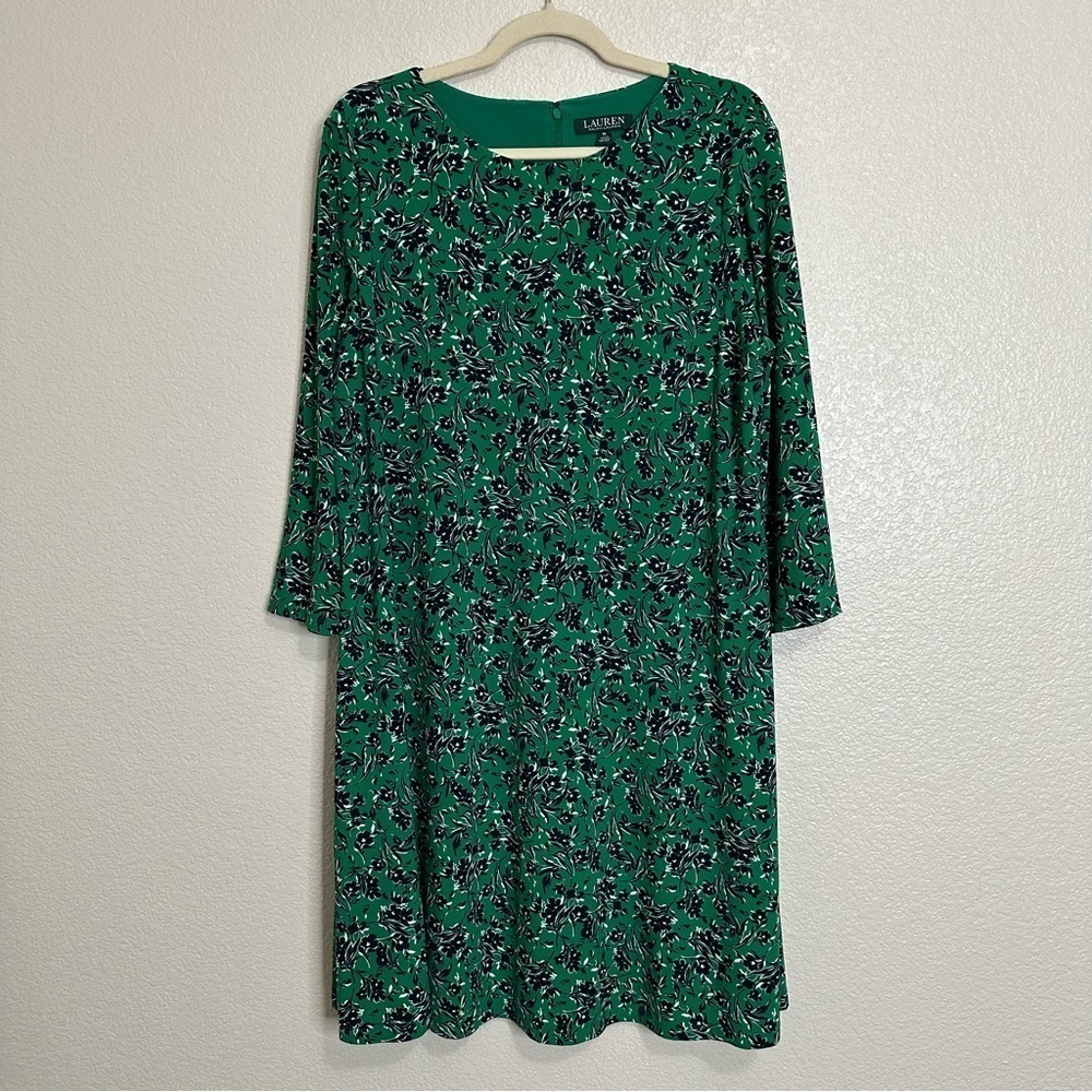 Lauren Ralph Lauren Green Floral 3/4 Sleeves Shift Dress, Size 16